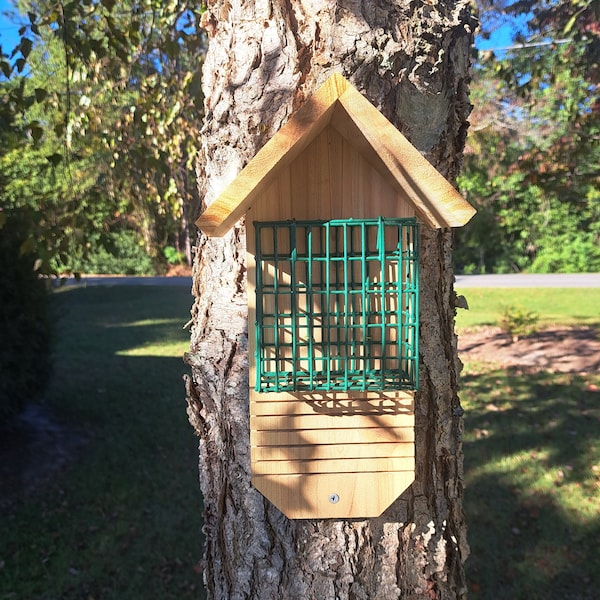 suet birdfeeder, suet cake holder, cedar suet feeder, easy fill suet feeder, birdfeeder, Christmas gift, suet feeder with tail prop