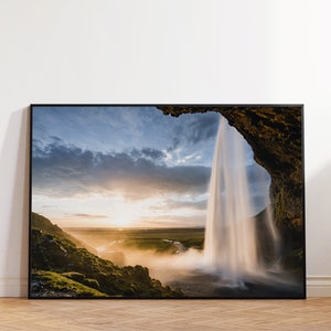 Mural &quot;Behind the Waterfall&quot; / Seljalandsfoss, waterfall, backlight, Iceland, clouds / Photography as poster, aluminum composite, gallery print