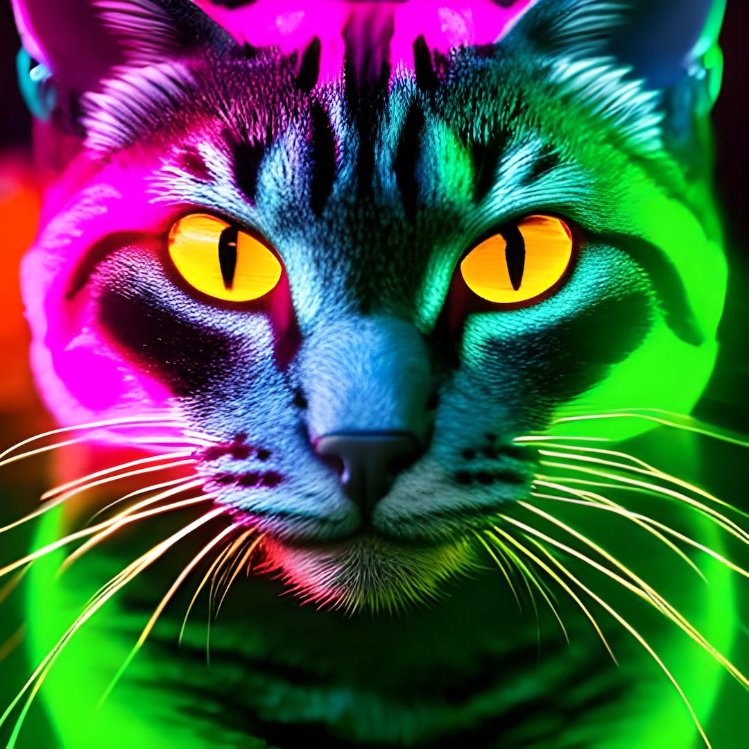 Neon Cat digital Art Print, AI Generated, Wall Art, AI Art, Digital ...
