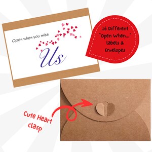 May include: A set of 16 kraft paper envelopes with heart-shaped clasps. Each envelope has a different "Open When..." label printed on the front. The labels include phrases like "Open when you miss us".