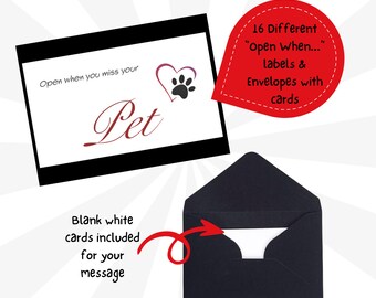 Printed "Open when..." labels with black envelopes and white cards