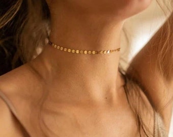 Dainty Gold 14K Disc Choker, Gold Circle Boho Necklace, Gold Bead Boho Choker, Minimal Coin Choker, Gold Layered Necklace for Women