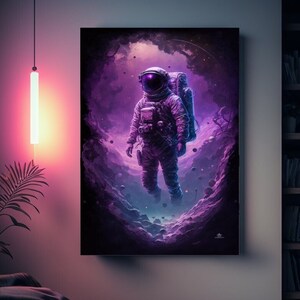 Cosmonaut in Purple Galaxy Canvas Art - Space-themed Painting for Home Decor Framed Canvas Print Wall Art Abstract Art Living Room Decor