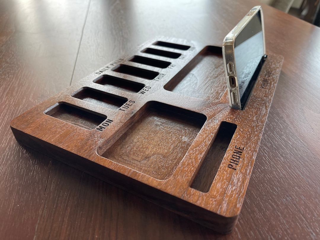Table Top Phone Holder and Pill Box solid Walnut Etsy