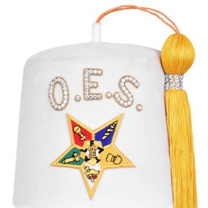 OES Fez Hat – White with Yellow Tassel & Rhinestone Star