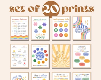 Set of 20 Rainbow School Social Worker Poster Prints Digital Download, School Counselor Office Decor, SEL Posters, Mental Health Prints