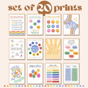 Set of 20 Rainbow School Social Worker Poster Prints Digital Download, School Counselor Office Decor, SEL Posters, Mental Health Prints