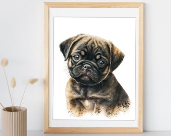 Pug Printable Wall Art | Nursery Animal Portrait | Pet Prints | Puppy Watercolor Painting | Cute Digital Art | Pug Watercolor