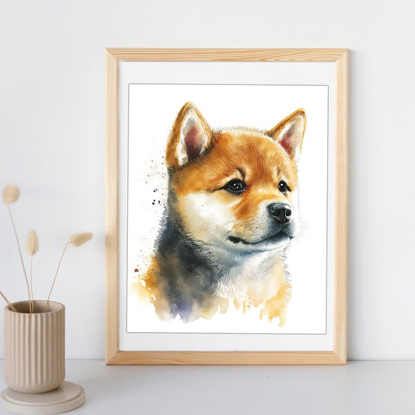 Shiba Inu Printable Wall Art | Nursery Animal Portrait | Pet Prints | Puppy Watercolor Painting | Cute Digital Art | Shiba Inu Watercolor