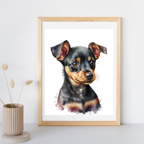 Zwergpinscher Welpe Print | Mini Pinscher Welpe Mit Transparentem Hintergrund | Welpe Aquarell | Kinderzimmer Wandkunst