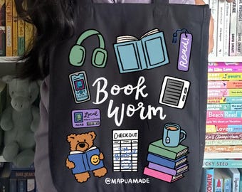 Book Worm Doodle Tote Bag | Book Lover | Bookish | Bookworm | Read | Reader | Reading | Bookish Bag | Analog Bag