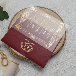 Invito formale minimalista in acrilico con lamina d'oro, invito di nozze minimalista modificabile, invito di nozze moderno, invito di nozze rosso e oro