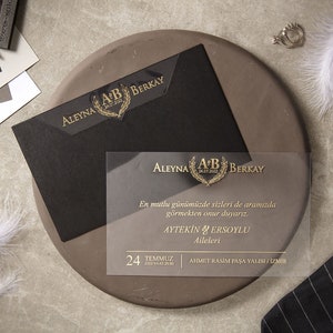 Zwarte en gouden formele booguitnodiging, acrylhuwelijksuitnodigingen, huwelijksuitnodigingen, elegante zwarte huwelijksuitnodigingen, transparante uitnodiging