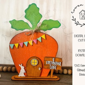 Osterhase Cottage SVG Laser File | Frühling Laser Cut Datei | Osterregal Sitter SVG | Glowforge SVG | Schild mit Ständer | Baumwollschwanz Cottage