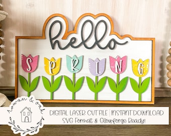Hello Spring Door Hanger SVG Laser File | Spring Laser Cut File | Glowforge SVG | Hello Spring Floral Sign