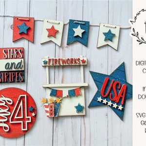 Fichier SVG de plateau étagé patriotique du 4 juillet | Fichier découpé au laser | Glowforge | États-Unis | Amérique | Étoiles et rayures SVG | Feux d'artifice | Été