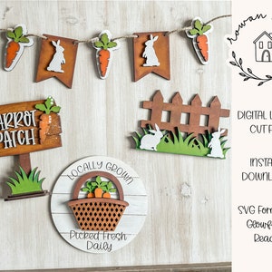 May include: A set of laser cut SVG files for a carrot patch themed Easter craft project. The set includes a banner with carrots and bunnies, a carrot patch sign, a fence with bunnies, and a basket of carrots with the text "Locally Grown Picked Fresh Daily".