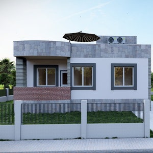 10,2'-11'' x 80'-5'' plattegrond bungalowhuis van gewapend beton, schetsmodel tiny house, autocad-tekening bungalowhuis, 3D-model klein huis