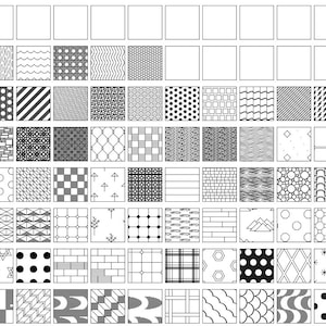 May include: A collection of 64 black and white seamless patterns. The patterns are arranged in a grid and include geometric shapes, lines, dots, and other designs.