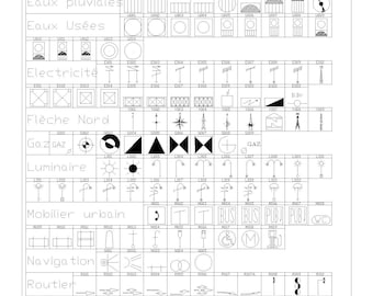 Può includere: Un diagramma in bianco e nero di simboli da utilizzare nei disegni architettonici. I simboli sono organizzati in categorie come acqua, elettricità, illuminazione e navigazione. Il diagramma include etichette di testo in francese.