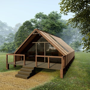 May include: A wooden cabin with a large glass window and a wooden deck with steps leading up to the entrance. The cabin is surrounded by trees and grass.