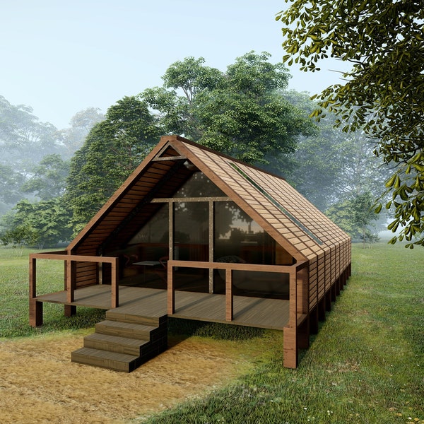 5,6m x 11 m Holzhaus Plan, kleines Haus Skizzenmodell, Autocad Zeichnung, kleines Haus 3D Modell