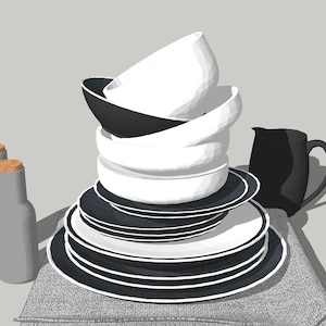 4 peças utensílios de mesa, pessoal de cozinha, garfo, colher, prato, flor, modelo 3D de esboço de livro, design de interiores, arquivo SKETCHUP