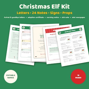 May include: A Christmas Elf Kit featuring 24 notes, signs, and props including arrival and goodbye letters, an adoption certificate, a warning notice, and a mini newspaper titled North Pole Times. The set consists of 18 editable pages.