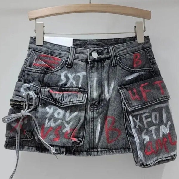 Print letter pocket mini denim skirt