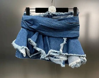 Patchwork Pleated Denim Skirt