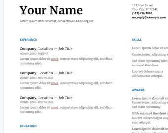 May include: A resume template with a simple design. The template includes sections for experience, education, skills, awards, and languages. The text is in a black font on a white background.