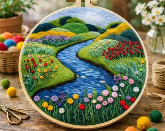 DIY Needle Felting Kit – River & Wildflower Landscape Wool Painting (20cm Frame)