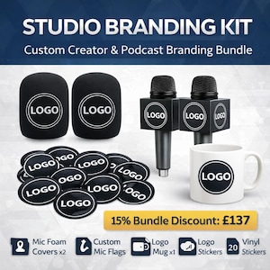 May include: Studio branding kit featuring two black microphone covers, custom mic flags, a logo mug, logo stickers, and two microphones. The kit includes a bundle discount and is designed for creators and podcasters.