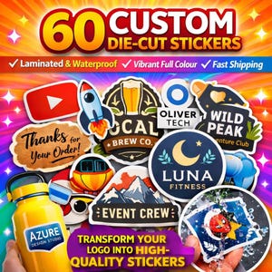 Puede incluir: Una colección de pegatinas troqueladas personalizadas con varios diseños, incluyendo logotipos, un cohete y un icono de YouTube. Las pegatinas son laminadas, impermeables y a todo color. El texto dice "60 Pegatinas Troqueladas Personalizadas".