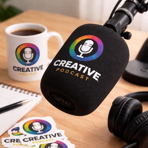 May include: A black microphone with a Creative Podcast logo, a white mug with the same logo, stickers, and headphones on a wooden surface. The logo features a microphone icon within a rainbow circle.