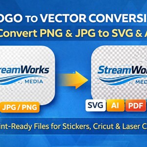 May include: An image demonstrating logo conversion from PNG and JPG formats to SVG and AI formats. The StreamWorks Media logo is shown in both formats, with an arrow indicating the conversion process. Text includes "Print-Ready Files for Stickers, Cricut & Laser Cutting."