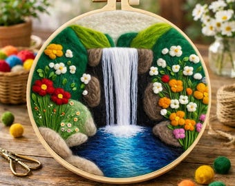 Waterfall Landscape Needle Felting Kit – Beginner DIY Wool Painting, Framed
