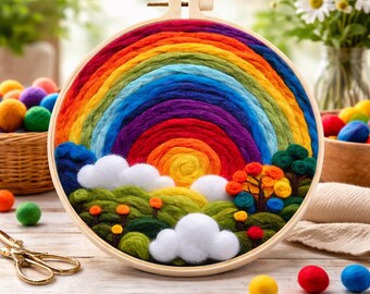 Needle Felting Kit – Rainbow Landscape Wool Painting DIY Craft with Frame