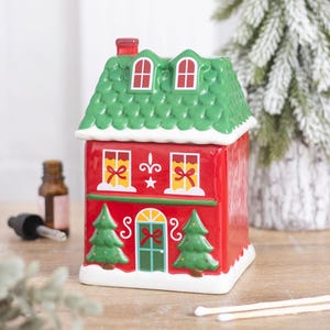 Red Christmas House Ceramic Oil Burner - H-16cm - Brand New & Boxed