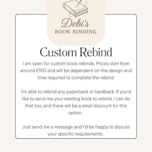 Op de afbeelding: Crèmekleurige afbeelding met de tekst "Debi's BOOK BINDING" en "Custom Rebind". De afbeelding bevat een logo van een boek en naald. De tekst beschrijft op maat gemaakte boekbinddiensten voor paperback en hardcover boeken.