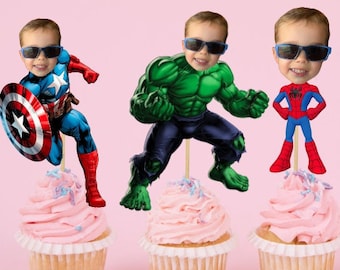 Superhéroe PERSONALIZADO Vengadores inspirados Cupcake Toppers Spiderman fiesta de cumpleaños, Kids Party Face Cupcake Toppers, Digital, Capitán América