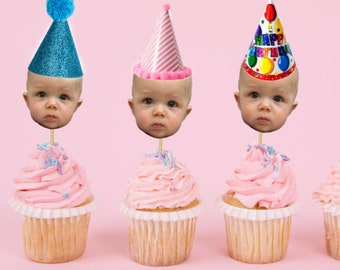 PERSONALIZED Birthday Cupcake Toppers, Bday Party Decorations, Party Face Cupcake Toppers, Digital, 1st birthday, bday, custom, baby face