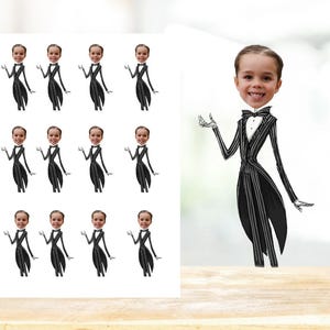 May include: A sheet of stickers featuring a cartoon character in a black and white striped suit. The character has a variety of different faces, including a smiling face, a surprised face, and a frowning face.