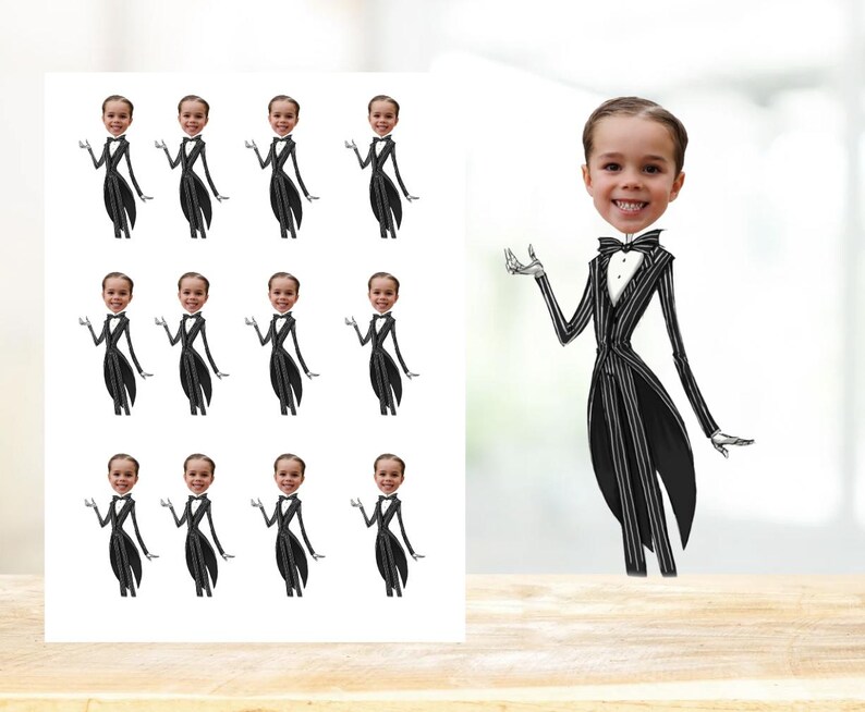 May include: A sheet of stickers featuring a cartoon character in a black and white striped suit. The character has a variety of different faces, including a smiling face, a surprised face, and a frowning face.