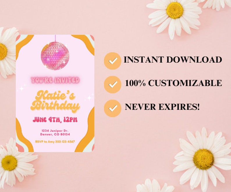 RETRO Disco Birthday Party Invitation Template Canva Etsy