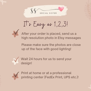 May include: A pink and white graphic with the text "It's Easy as 1,2,3!" and three steps for creating a custom design. The steps are: 1. Send a high-resolution photo in Etsy messages. 2. Wait 24 hours for the design to be sent. 3. Print at home or at a professional printing center.