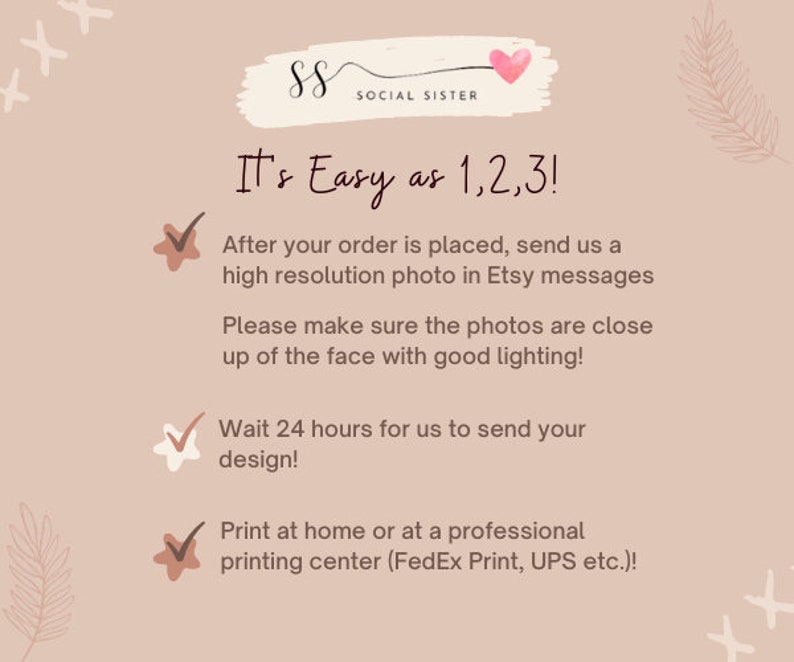 May include: A pink and white graphic with the text "It's Easy as 1,2,3!" and three steps for creating a custom design. The steps are: 1. Send a high-resolution photo in Etsy messages. 2. Wait 24 hours for the design to be sent. 3. Print at home or at a professional printing center.