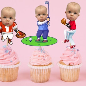 PERSONALIZED Sports Cupcake or Cake Toppers, Kids Party Face Cupcake Toppers, Digital, Golf, Football, Baseball, athlete