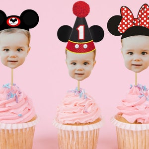 PERSONALIZED Mickey Minnie Mouse Inspired Cupcake Toppers, Disney Birthday Party Decorations, Kids Bday Party Face Cupcake Toppers, Digital