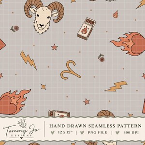 May include: A seamless pattern on a light gray grid background featuring illustrations of ram heads, matchboxes with flame icons, burning hearts, lightning bolts, small flowers, stars, and the Aries zodiac symbol in shades of brown and orange.